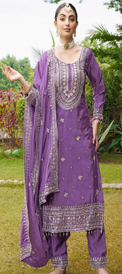 Purple and Violet color Salwar Kameez in Silk fabric with Embroidered, Sequence, Thread work