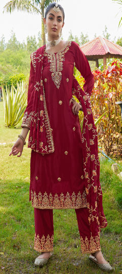 Red and Maroon color Salwar Kameez in Silk fabric with Embroidered, Sequence, Thread work