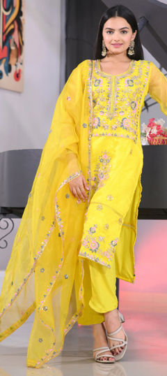 Yellow color Salwar Kameez in Organza Silk fabric with Embroidered, Sequence, Thread work