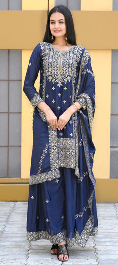 Blue color Salwar Kameez in Silk fabric with Embroidered, Sequence, Thread work