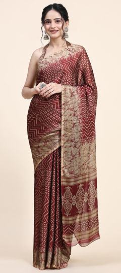 Red and Maroon color Readymade Saree in Chiffon fabric with Printed work