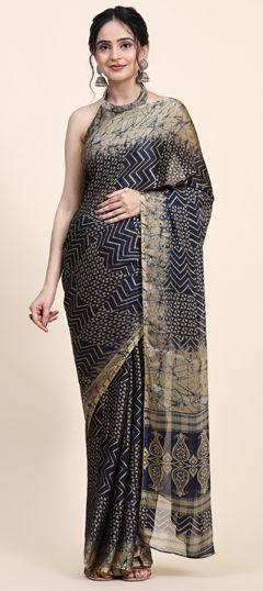 Black and Grey color Readymade Saree in Chiffon fabric with Printed work