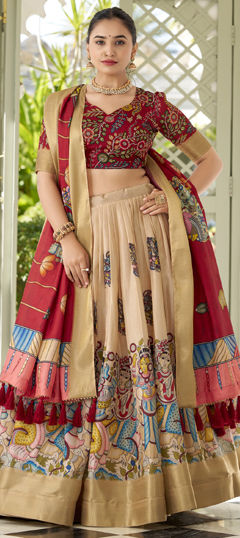 Beige and Brown color Ready to Wear Lehenga in Art Silk fabric with Printed work