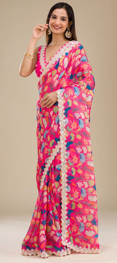 Multicolor color Saree in Georgette fabric with Digital Print, Embroidered, Sequence work