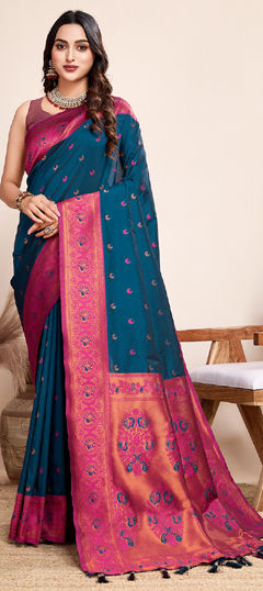 Blue color Saree in Jacquard fabric with Weaving work