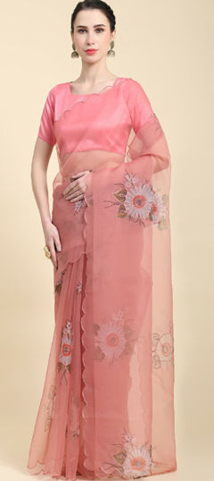 Pink and Majenta color Saree in Organza Silk fabric with Embroidered, Thread work