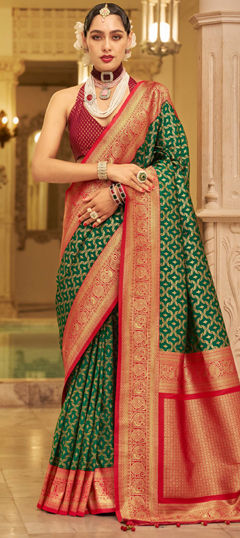 Green, Red and Maroon color Saree in Banarasi Silk fabric with Weaving, Zari work