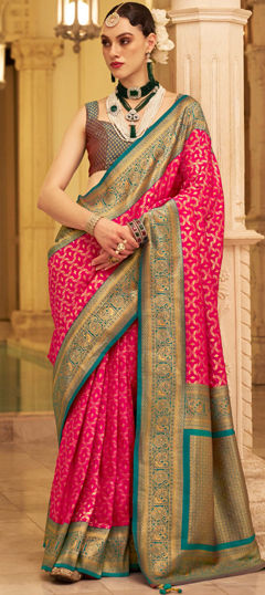 Blue, Pink and Majenta color Saree in Banarasi Silk fabric with Weaving, Zari work