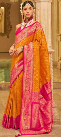 Pink and Majenta, Yellow color Saree in Banarasi Silk fabric with Weaving, Zari work