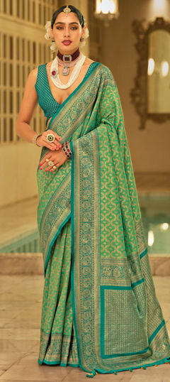 Green color Saree in Banarasi Silk fabric with Weaving, Zari work