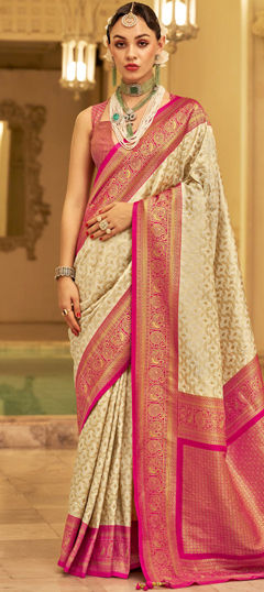 Beige and Brown, Pink and Majenta color Saree in Banarasi Silk fabric with Weaving, Zari work