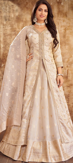 White and Off White color Long Lehenga Choli in Silk fabric with Mirror, Sequence, Thread, Weaving work