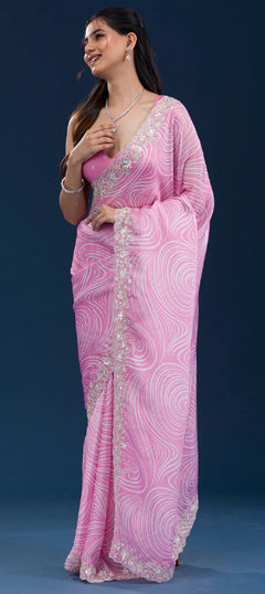 Pink and Majenta color Saree in Georgette fabric with Digital Print, Embroidered, Sequence work