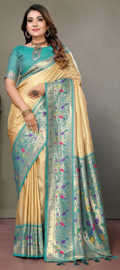 Beige and Brown color Saree in Banarasi Silk fabric with Weaving work