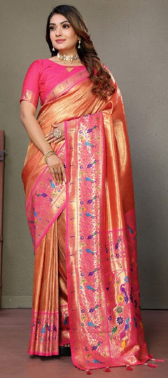 Pink and Majenta color Saree in Banarasi Silk fabric with Weaving work