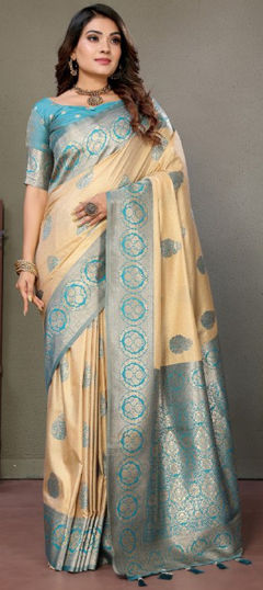 Beige and Brown color Saree in Viscose fabric with Weaving work