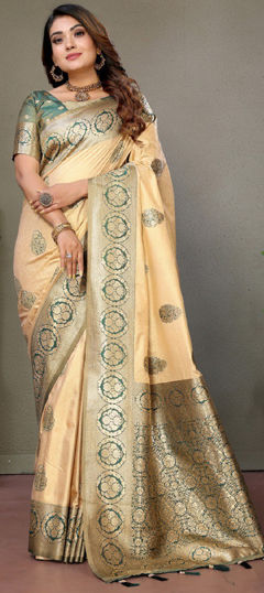 Beige and Brown color Saree in Viscose fabric with Weaving work