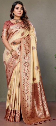 Beige and Brown color Saree in Viscose fabric with Weaving work