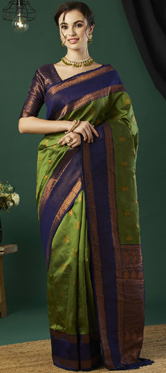 Green color Saree in Banarasi Silk fabric with Weaving, Zari work