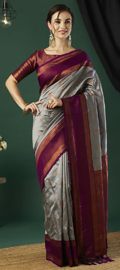 Black and Grey color Saree in Banarasi Silk fabric with Weaving, Zari work