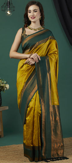 Yellow color Saree in Banarasi Silk fabric with Weaving, Zari work