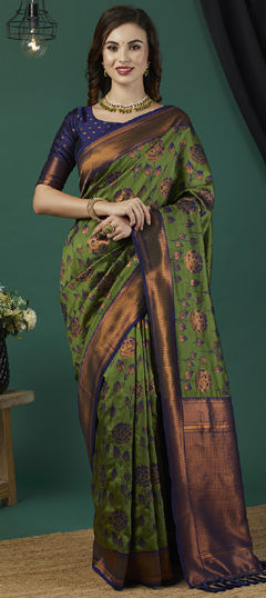 Green color Saree in Banarasi Silk fabric with Weaving, Zari work