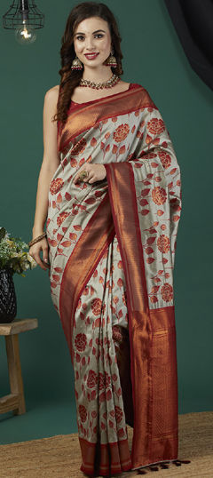 Black and Grey color Saree in Banarasi Silk fabric with Weaving, Zari work