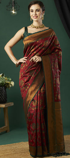 Red and Maroon color Saree in Banarasi Silk fabric with Weaving, Zari work