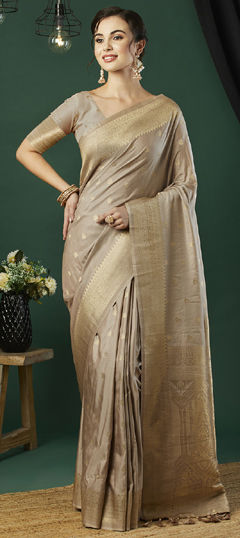 Black and Grey color Saree in Naylon Silk fabric with Weaving, Zari work