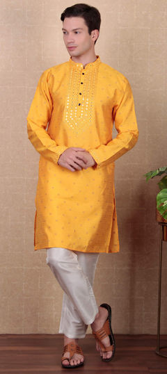 Yellow color Kurta Pyjamas in Jacquard fabric with Embroidered, Mirror, Thread, Weaving work