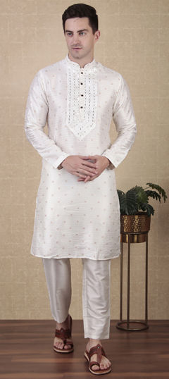 White and Off White color Kurta Pyjamas in Jacquard fabric with Embroidered, Mirror, Thread, Weaving work