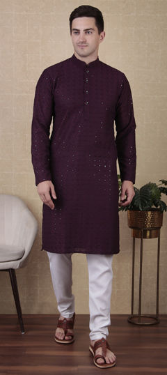 Purple and Violet color Kurta Pyjamas in Cotton fabric with Embroidered, Sequence, Thread work