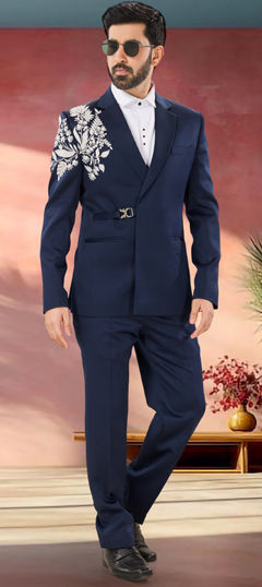 Blue color 2 Piece Suit (with shirt) in Viscose fabric with Embroidered, Thread work