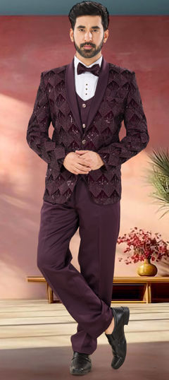 Purple and Violet color Tuxedo in Velvet fabric with Embroidered, Sequence, Thread work