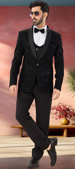 Black and Grey color Tuxedo in Velvet fabric with Embroidered, Sequence, Thread work