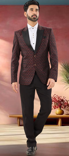 Red and Maroon color 2 Piece Suit (with shirt) in Jacquard fabric with Weaving work