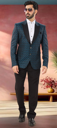 Blue color 2 Piece Suit (with shirt) in Jacquard fabric with Weaving work