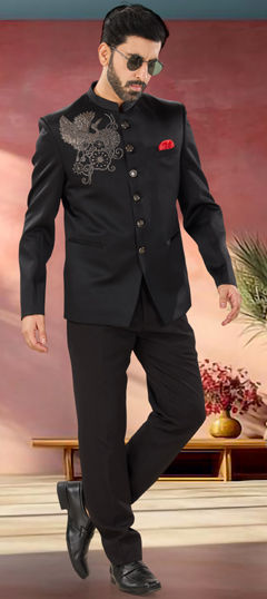 Black and Grey color Jodhpuri Suit in Viscose fabric with Embroidered, Thread work