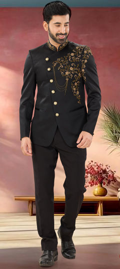 Black and Grey color Jodhpuri Suit in Viscose fabric with Embroidered, Thread work