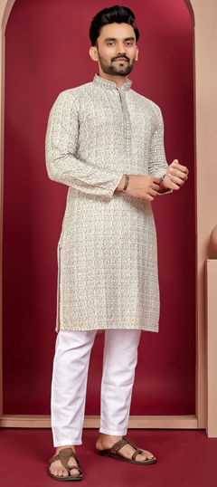 Beige and Brown color Kurta Pyjamas in Rayon fabric with Digital Print, Embroidered, Thread work