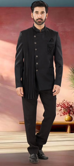 Black and Grey color Jodhpuri Suit in Viscose fabric with Embroidered, Thread work