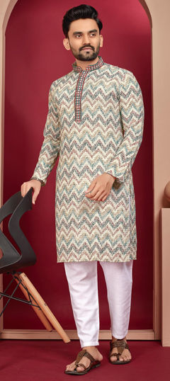 Multicolor color Kurta Pyjamas in Rayon fabric with Digital Print, Embroidered, Thread work