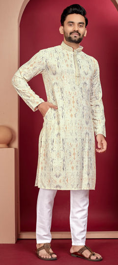 Beige and Brown color Kurta Pyjamas in Rayon fabric with Digital Print, Embroidered, Thread work