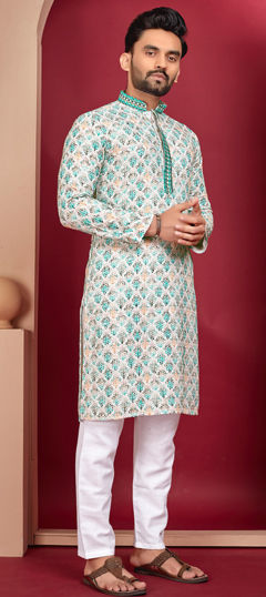 Multicolor color Kurta Pyjamas in Rayon fabric with Digital Print, Embroidered, Thread work