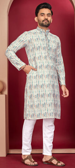 Multicolor color Kurta Pyjamas in Rayon fabric with Digital Print, Embroidered, Thread work