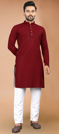 Red and Maroon color Kurta Pyjamas in Rayon fabric with Embroidered, Sequence, Thread work