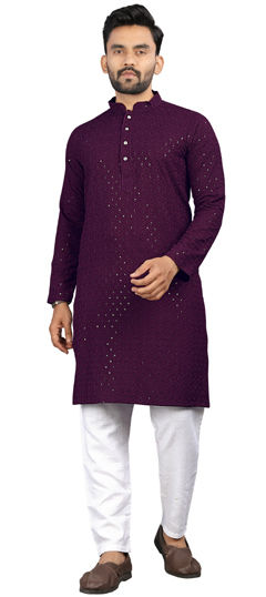 Purple and Violet color Kurta Pyjamas in Rayon fabric with Embroidered, Sequence, Thread work