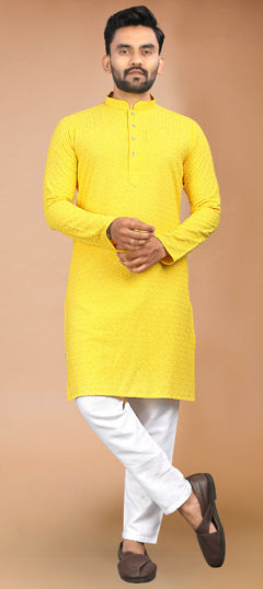 Yellow color Kurta Pyjamas in Rayon fabric with Embroidered, Sequence, Thread work