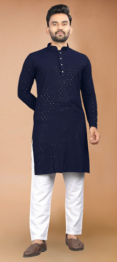 Blue color Kurta Pyjamas in Rayon fabric with Embroidered, Sequence, Thread work