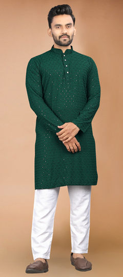 Green color Kurta Pyjamas in Rayon fabric with Embroidered, Sequence, Thread work